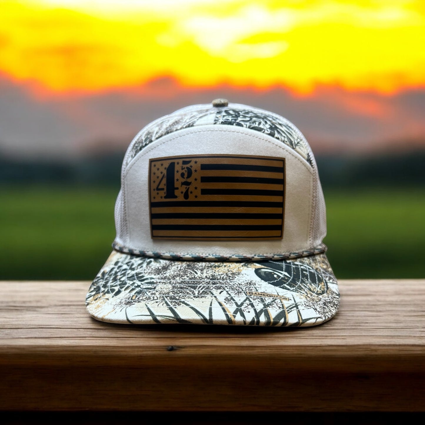 7 Panel Curved Bill Hat – Camo & Khaki with 45/47 Flag Patch