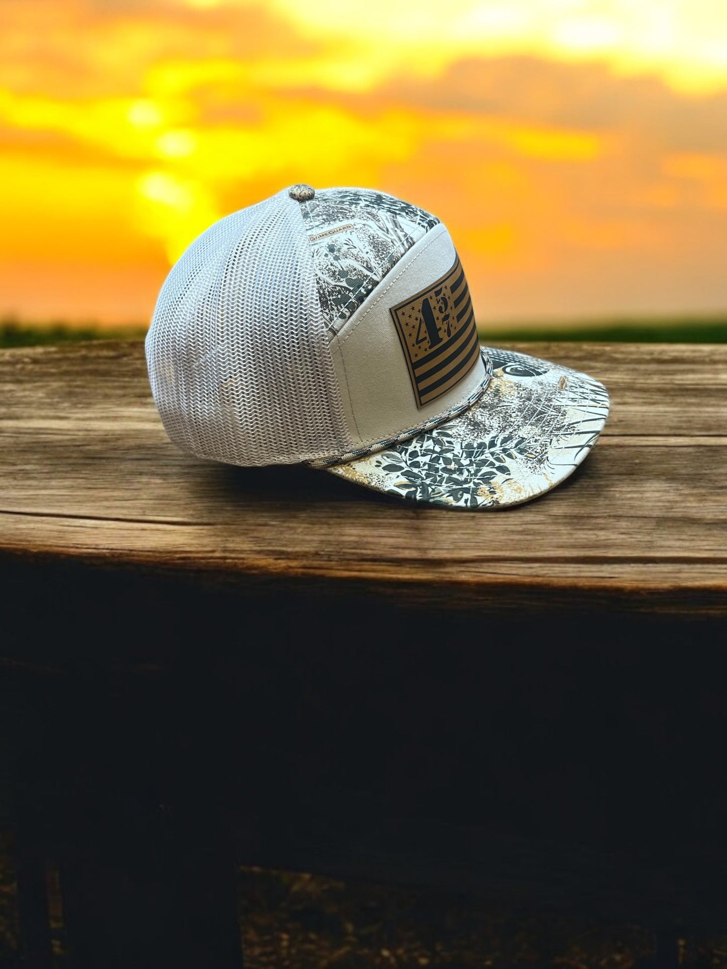 7 Panel Curved Bill Hat – Camo & Khaki with 45/47 Flag Patch
