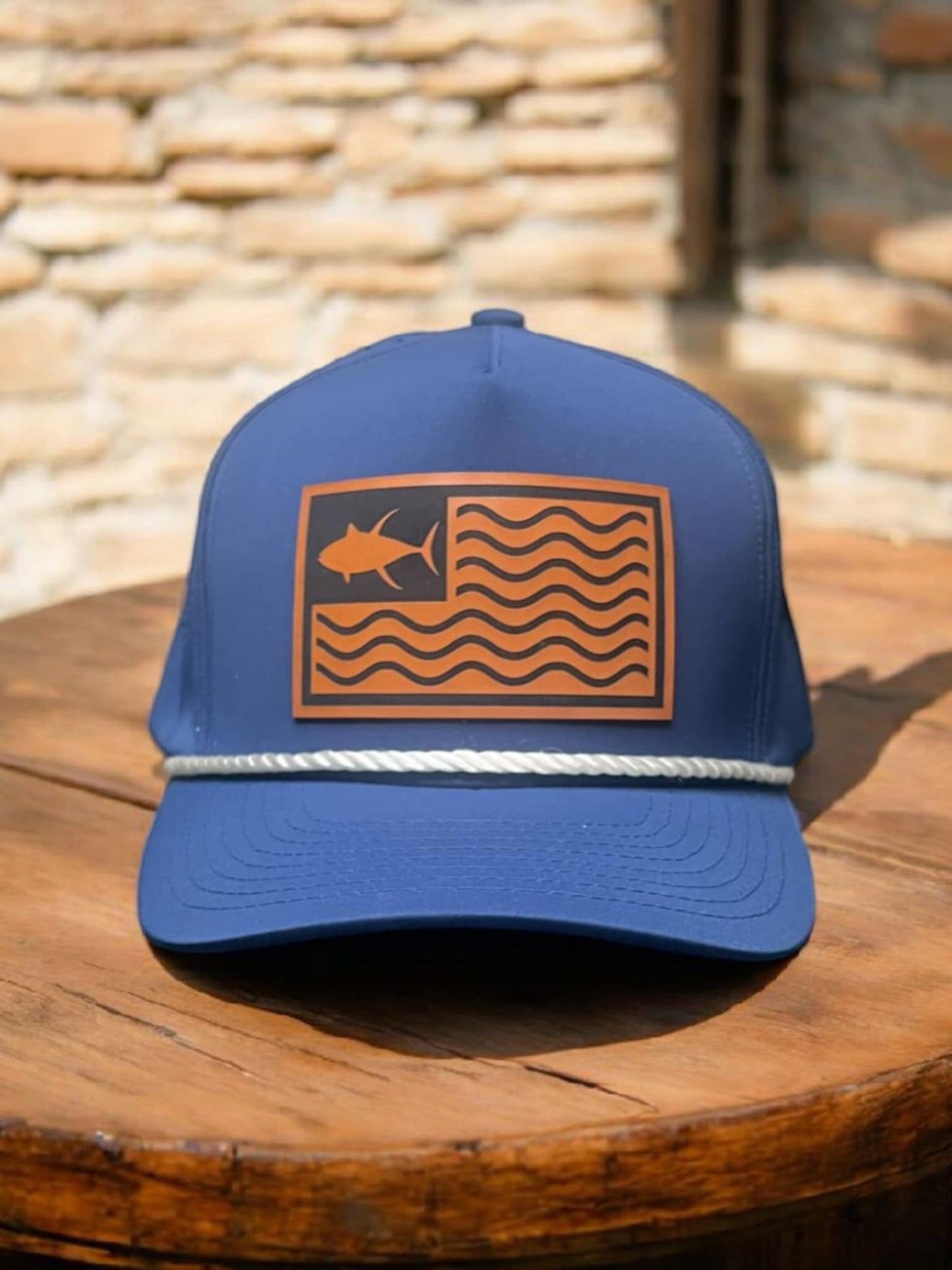 Navy Blue Waterproof Hat with White Rope & Tuna Flag Patch