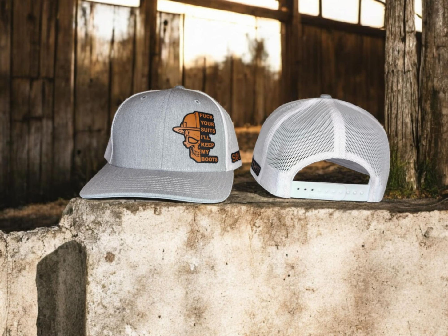 Gray and White Boots Over Suits Trucker Hat